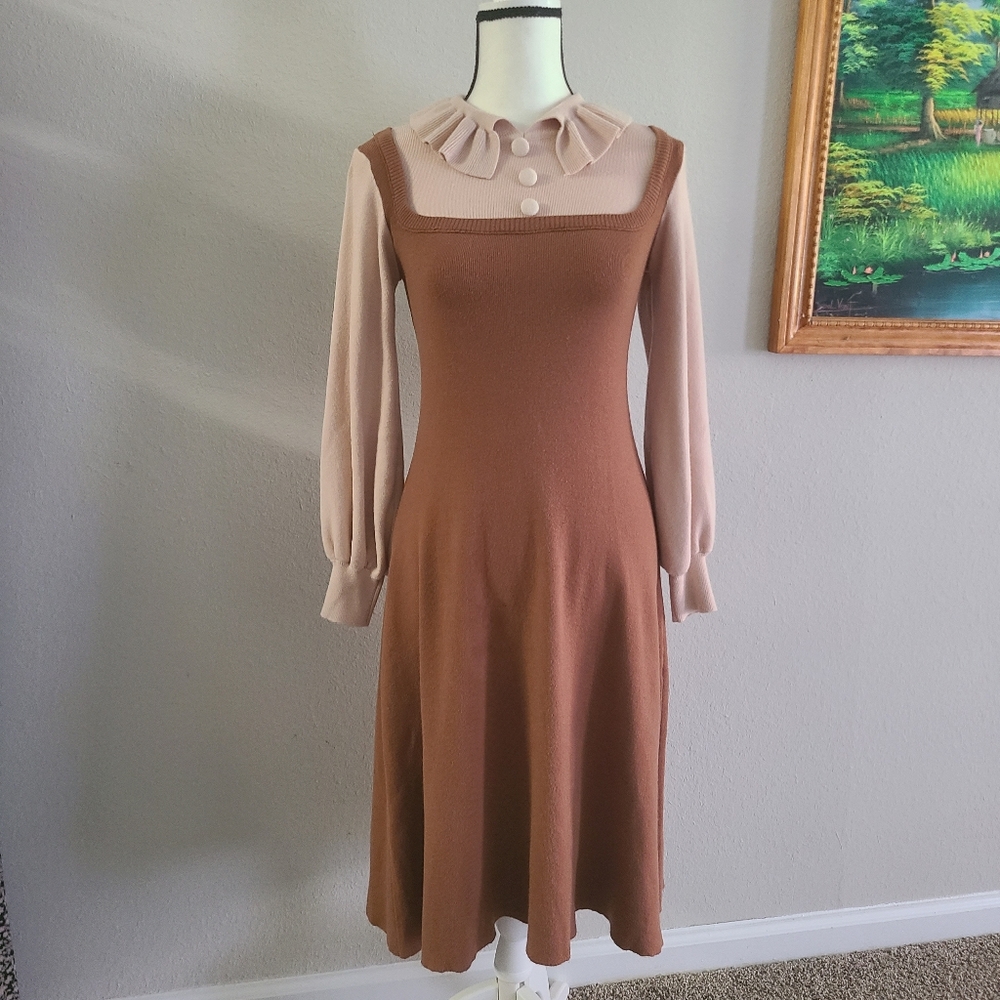 Brown and Cream Long Sleeve Dress